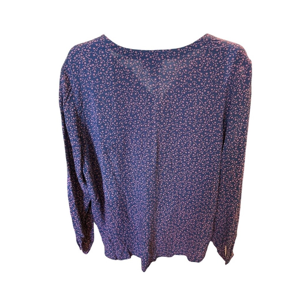LOFT Blouse Womens XL Navy Blue Pink Anchor Print Split V-Neck Long Sleeve - Picture 3 of 5